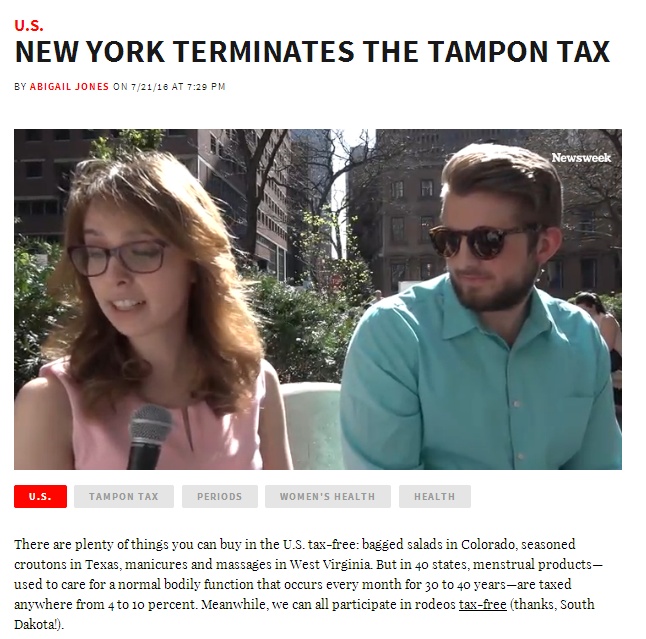 ▲ 뉴스위크 보도에 따르면 뉴욕 주가 21일 탐폰, 생리대 등 여성위생용품에 부과하는 탐폰세(tampon tax) 폐지를 확정했다. ⓒ 뉴스위크 