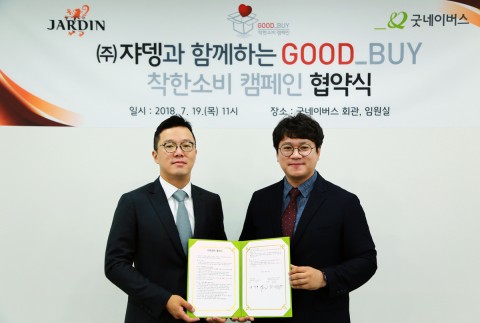 ▲윤상용 쟈뎅 대표(왼쪽)와 황성주 굿네이버스 나눔마케팅본부장(오른쪽)의 착한 소비 캠페인 협약 체결