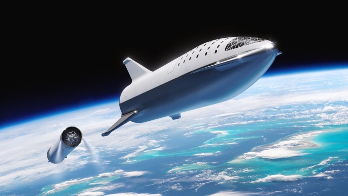 ▲ 지난해 공개된 '스타십' 가상도. 미국의 민간 우주탐사기업 스페이스X는 이 우주선을 이용해 이르면 오는 2023년 최초의 민간인 달 여행을 추진하고, 나아가 화성을 향해 발사한다는 계획이다. 우주선은 사람을 태우는 '스타십'과 이 스타십을 싣고 날아갈 엔진과 연료 시스템을 갖춘 부스터인 '슈퍼 헤비(Super Heavy)' 총 2단계로 구성된다. ⓒ스페이스X 트위터
