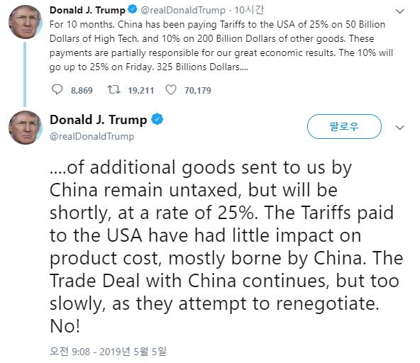 ▲중국으로부터의 수입 상품에 25% 관세 부과를 발표한 트럼프 대통령 트위터ⓒ트럼프 트위터