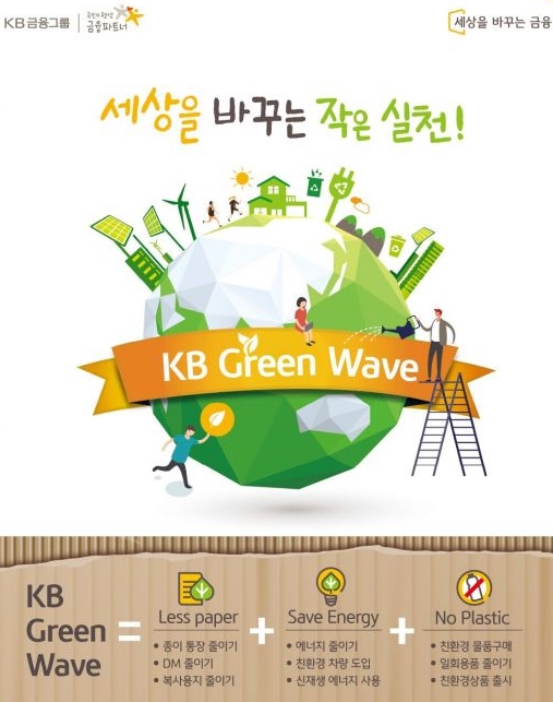 ▲KB국민은행은 '고객과 함께하는 KB 그린 웨이브(Green Wave) 캠페인'을 실시한다고 4일 밝혔다. 이 행사는 종이통장 줄이기, 전기사용 줄이기, 일회용품 줄이기 등 다양한 친환경 활동을 실시하는 캠페인이다. ⓒKB국민은행