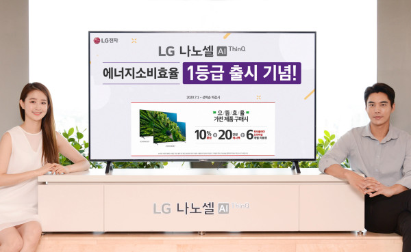 ▲LG전자 모델이 에너지 소비효율 1등급을 받은 2020년형 'LG 나노셀 TV(시리즈명 NANO87)' 신제품을 소개하고 있다. ⓒLG전자