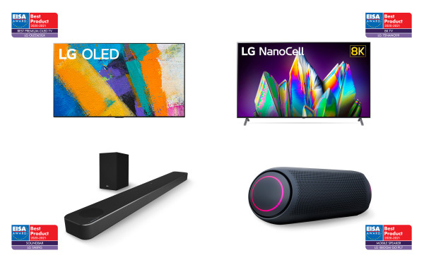 ▲왼쪽 상단부터 시계방향으로 LG 올레드 갤러리 TV, LG 나노셀 8K TV, LG 엑스붐 고 스피커, LG 사운드 바. ⓒLG전자