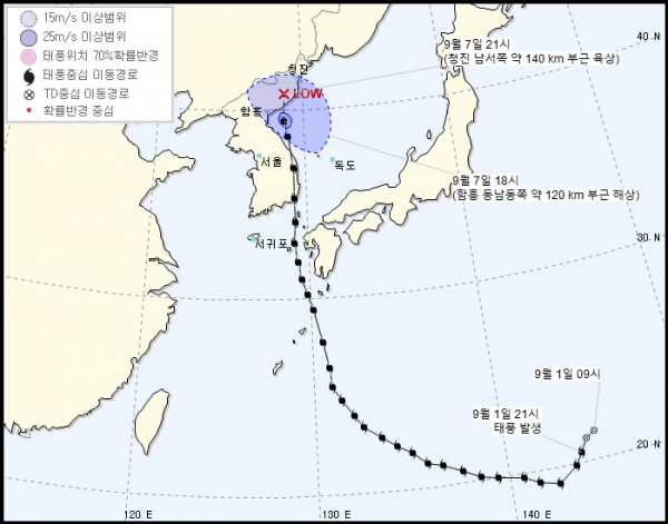 ▲제10호 태풍 '하이선' 예상 이동 경로, 7일 오후 9시 온대저기압 소멸 (7일 19시 기준) ⓒ기상청