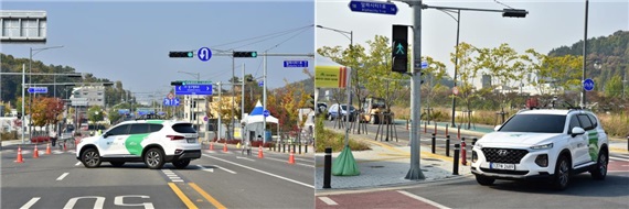 ▲자율주행차가 비보호 유턴(U-turn)하는 모습(왼쪽) 및 교차로 우회전 시 보행신호 대기중인 모습(오른쪽) ⓒ도로교통공단 