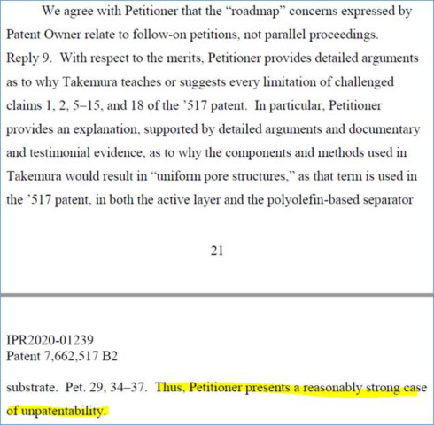 ▲PTAB 결정문에서 LGES 특허 무효가능성 언급한 부분. ⓒSK이노베이션