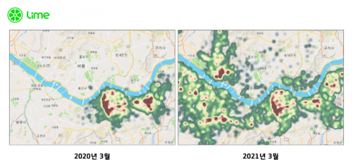 ▲작년 3월과 올해 3월 기준 서울 지역 라임 킥보드 탑승 히트맵 자료 ⓒ라임코리아