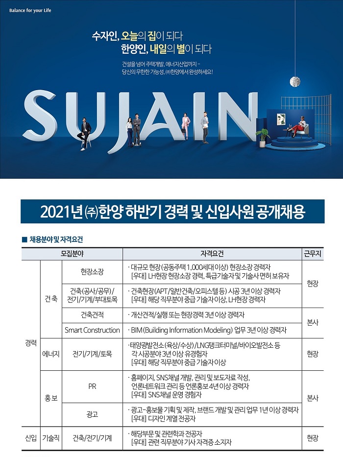 ▲한양 하반기 경력 및 신입사원 공개채용 공고. ⓒ한양