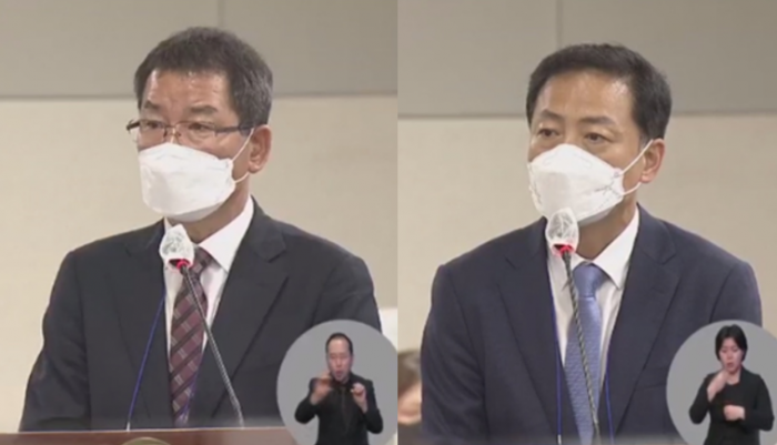 ▲국회 환경노동위원회 고용노동부 국정감사 증인으로 출석한 권순호 HDC현대산업개발 대표(왼쪽)와 ⓒ