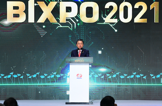 ▲정승일 한국전력 사장이 BIXPO 2021 개막식에서 개회사를 하고 있다. ⓒ한국전력