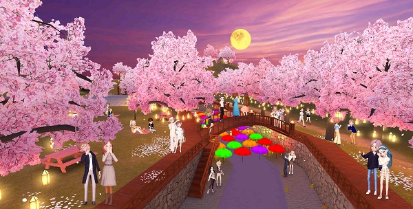 ▲이프랜드 유저들이 ‘벚꽃엔딩’ 랜드에서 벚꽃놀이를 즐기고 있다. ⓒSK텔레콤