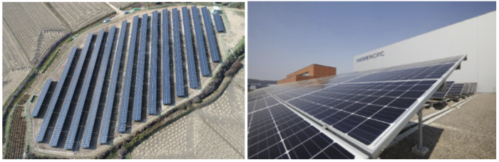 ▲오산 아모레 뷰티 파크에 재생에너지 공급 예정인 에코네트워크 소유 영광중앙솔라(사진 왼쪽)와 오산 아모레 뷰티 파크 태양광 패널. ⓒ아모레퍼시픽