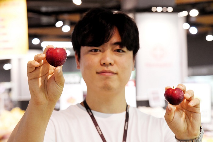 ▲신재현 홈플러스 과일팀 바이어가 12일 서울 등촌동 홈플러스 강서점에 진열된 체리자두를 살펴보고 있다. ⓒ홈플러스