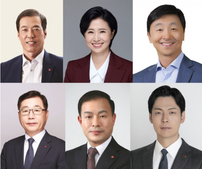 ▲(윗줄 왼쪽부터 시계방향으로)이완신 롯데그룹 호텔군 총괄대표 겸 호텔롯데 대표이사 사장, 김혜주 롯데멤버스 대표이사 전무, 이창엽 롯데제과 대표이사 부사장, 박현철 롯데건설 대표이사 부회장, 이훈기 롯데지주 ESG 경영혁신실장 사장, 신유열 롯데케미칼 상무. ⓒ롯데그룹