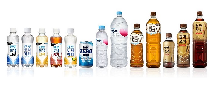 ▲(왼쪽부터)하이트진로음료 ‘진로토닉워터’ 시리즈, ‘하이트제로0.00’, ‘석수’, ‘블랙보리’ 시리즈. ⓒ하이트진로음료