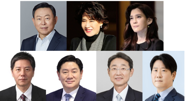 ▲(왼쪽 위부터 시계방향) 신동빈 롯데그룹 회장, 정유경 신세계 총괄사장, 이부진 호텔신라 사장, 정교선 현대백화점그룹 부회장, 신동원 농심 회장, 허연수 GS리테일 부회장, 담철곤 오리온그룹 회장. ⓒ각 사