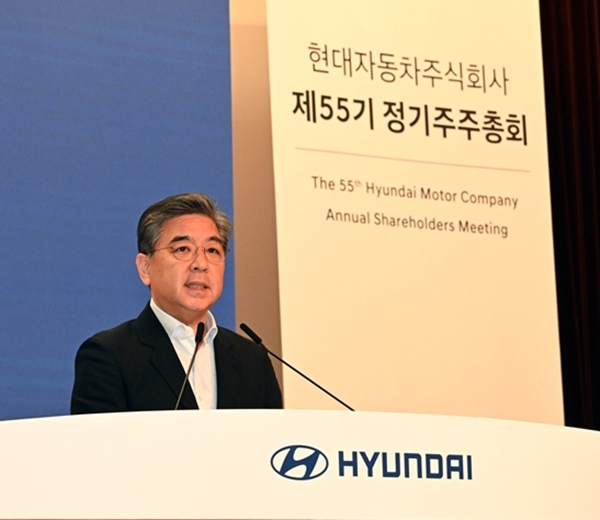 ▲ 장재훈 대표이사가 이달 23일 현대자동차 양재동 본사사옥에서 열린 제55기 정기 주주총회에서 인사말을 하고 있다. ⓒ현대차