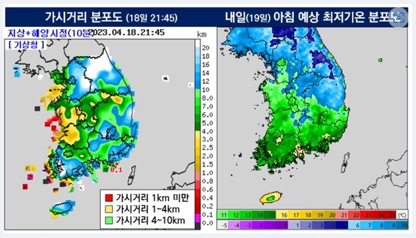 ▲가시거리 분포도, 오늘(19일) 아침 예상 최저기온 ⓒ기상청