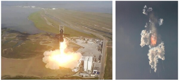 ▲스타십이 발사되는 모습(좌), 이륙 후 4분 뒤 폭발하는 모습(우)  ⓒNYT 홈페이지 캡쳐