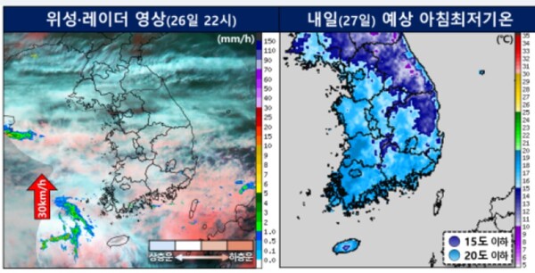 ▲ 위성·레이더 영상, 오늘 예상 아침 최저기온 ⓒ기상청
