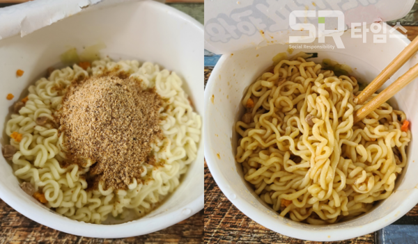 ▲하얀 짜파게티 스프를 부은 모습(왼쪽)과 비빈 모습. ⓒ박현주 기자