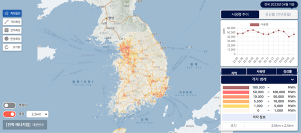 ▲한국전력공사의 '전력정보 에너지맵'. ⓒ한국전력공사 전력정보 에너지맵 사이트 캡처.