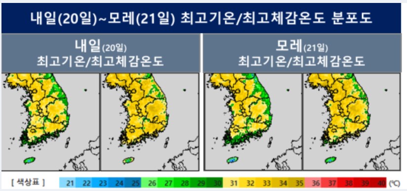▲오늘(20일)~내일(21일) 최고기온/최고체감온도 분포도ⓒ기상청