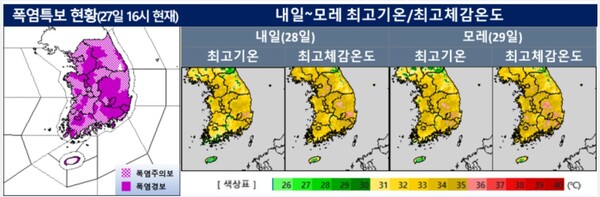 ▲폭염특보 현황, 오늘~내일 최고기온 및 최고체감온도ⓒ기상청