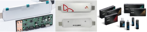 ▲국내 배터리 제조 3사의 전기차용 자동차 배터리. 왼쪽부터 LG에너지솔루션 리튬이온배터리, SK온 SF배터리, 삼성SDI PRiMX 배터리. ⓒ각 사