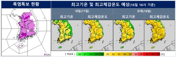 ▲폭염특보 현황, 오늘~내일 최고기온 및 최고체감온도 분포도ⓒ기상청