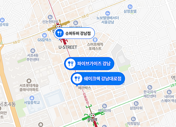 ▲신논현역과 강남역 사이 거리에 줄줄이 들어선 해외 버거 브랜드 3개 매장. ⓒ네이버 지도 캡처