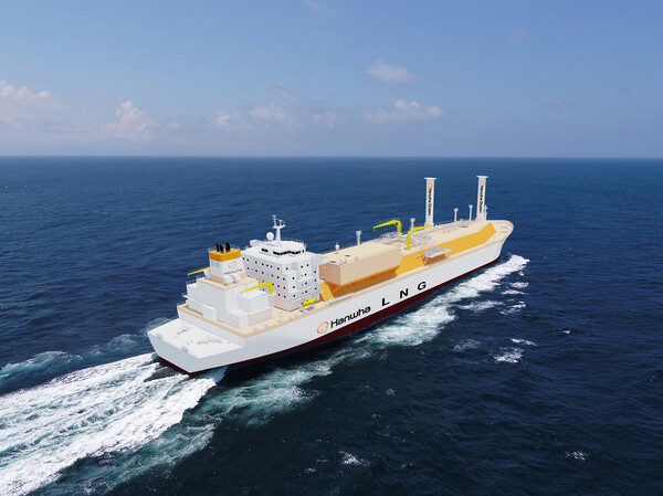 ▲한화오션의 그린십 사양 LNG운반선 조감도. ⓒ한화오션