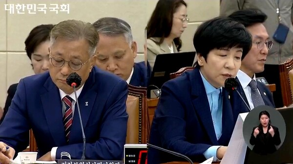 ▲김영주 국회의원이 지난 18일 국민건강보험공단과 건강보험심사평가원을 대상으로 진행한 국정감사에서 강중구 건강보험심사평가원장(사진 왼쪽)에게 질의하는 모습. ⓒ국회방송 국정감사 생중계 캡처