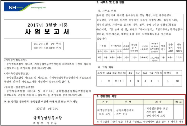 ▲ 2017년 1월 합천 율곡농협 정관 변경 사항이 담긴 사업보고서 일부. 2023년 6월 말 기준 율곡농협의 자산 총액은 1,821억2000만원이다. ⓒ합천 율곡농협 경영공시