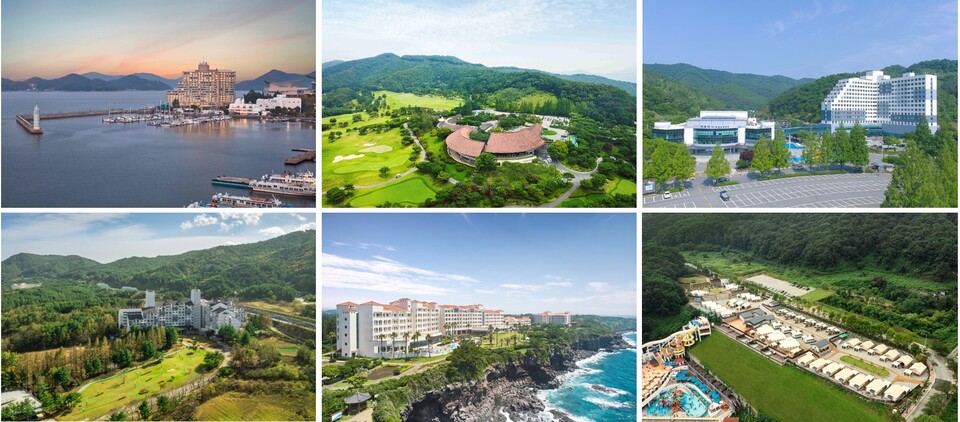 ▲금호리조트 사업장별 전경. (왼쪽 위부터 시계방향으로) 통영마리나리조트, 아시아나CC 클럽하우스, 화순스파리조트, 아산스파포레, 제주리조트, 설악리조트. ⓒ금호석유화학그룹