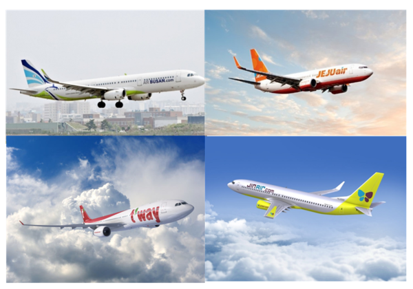 ▲에어부산, 제주항공, 진에어, 티웨이항공(사진 시계방향). ⓒ각 사