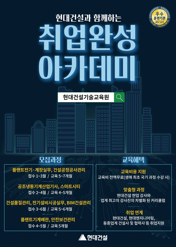 ▲‘취업완성 아카데미’ 기술교육생 모집 포스터. ⓒ현대건설