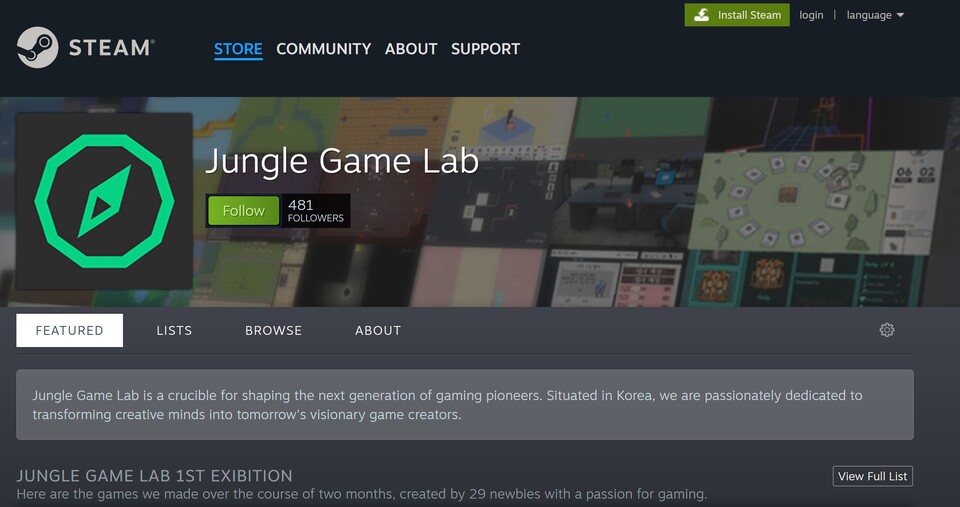 ▲스팀 홈페이지 내 ‘정글 게임랩’ 페이지 갈무리. ⓒ크래프톤