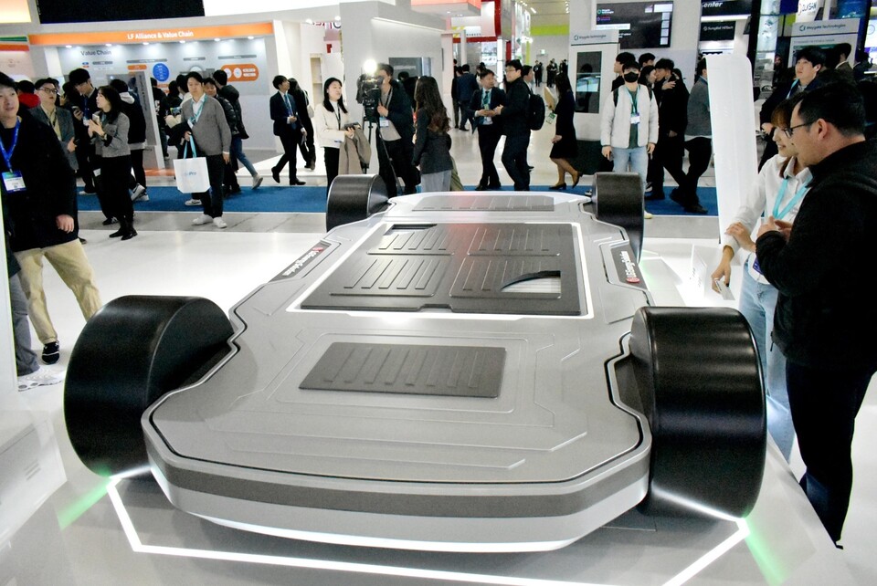 ▲LG에너지솔루션 파우치형 셀투팩(CTP) 배터리가 탑재된 차량 모형. ⓒ선호균 기자