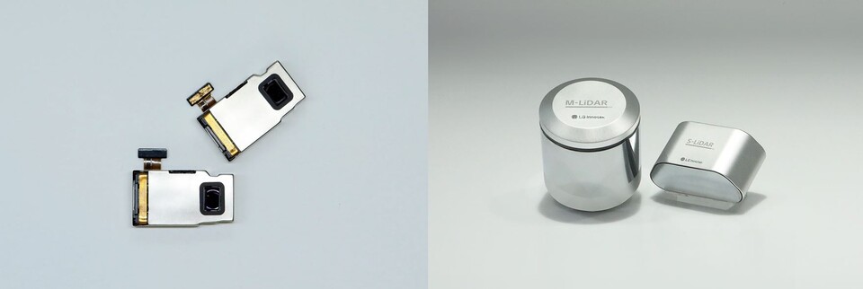 ▲광학식 연속줌 모듈(왼쪽)과 고성능 라이다. ⓒLG이노텍