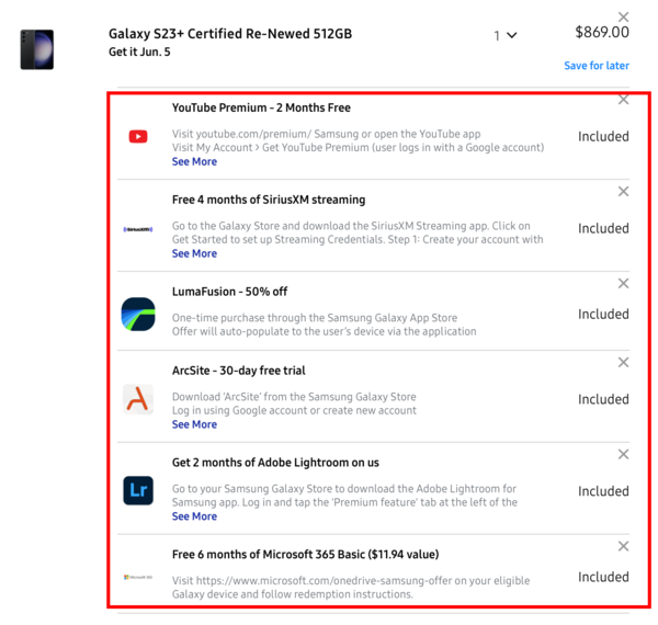 ▲삼성 미국법인 홈페이지에서 리뉴드폰을 구매 시 포함된 혜택들. ⓒ삼성전자