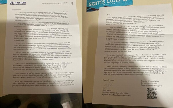 ▲현대자동차 미국법인 앨라배마 공장의 신임사장 Chris Susock이 전 직원에게 보낸 공지 서한. 이 편지에는 ‘노동조합은 필요없다’는 메시지가 담겨있다. ⓒ금속노조