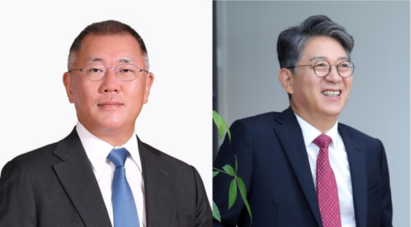 ▲정의선 현대차그룹 회장(왼쪽)과 곽재선 KG그룹 회장. ⓒ각 사