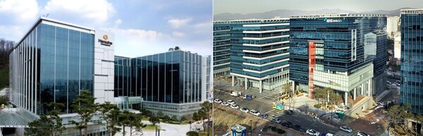 ▲경기도 판교 한화에어로스페이스 사옥(왼쪽)과 아이디스 사옥. ⓒ각 사