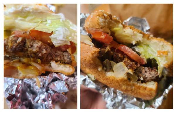 ▲1년 전 올더웨이 토핑 8종 리틀버거(사진 왼쪽)와 7월 25일 주문한 같은 종의 버거 모습. ⓒ박현주 기자