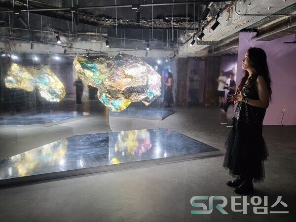 ▲강승민 큐레이터가 아티스트 이형구 작품을 소개하고 있다. ⓒ최나리 기자