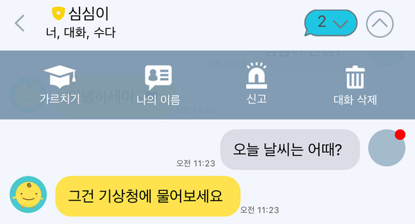 ▲심심이 채팅 화면. ⓒ윤서연 기자