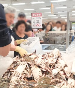 ▲이마트 죽전점에서 '950원 꽃게'를 구매하기 위해 고객들이 줄 서 있는 모습. ⓒ박현주 기자