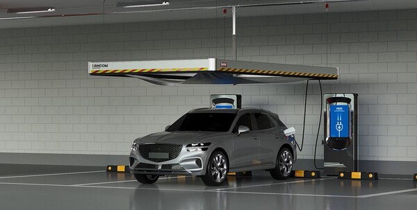 ▲전기차 화재 진압 무인 자동화 시스템 설치 예시. ⓒ한컴라이프케어