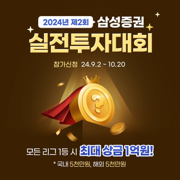 ▲삼성증권이 오는 9월 23일부터 10월 31일까지 삼성증권 종합계좌(01계좌)에 100만원 이상의 주식 및 현금성 자산을 보유하고 있는 고객이라면 누구나 참여할 수 있는 실전투자대회를 개최한다고 밝혔다. ⓒ 삼성증권